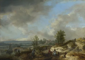 A Dune Landscape with a River and Many Figures